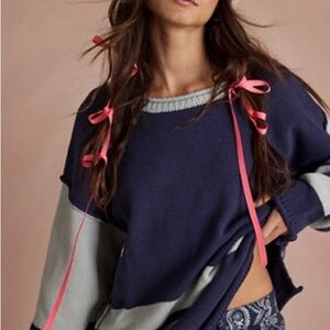 NWT We The Free Ella Colorblock Roll Neck Knit Sweater Blue Combo 97% Cotton